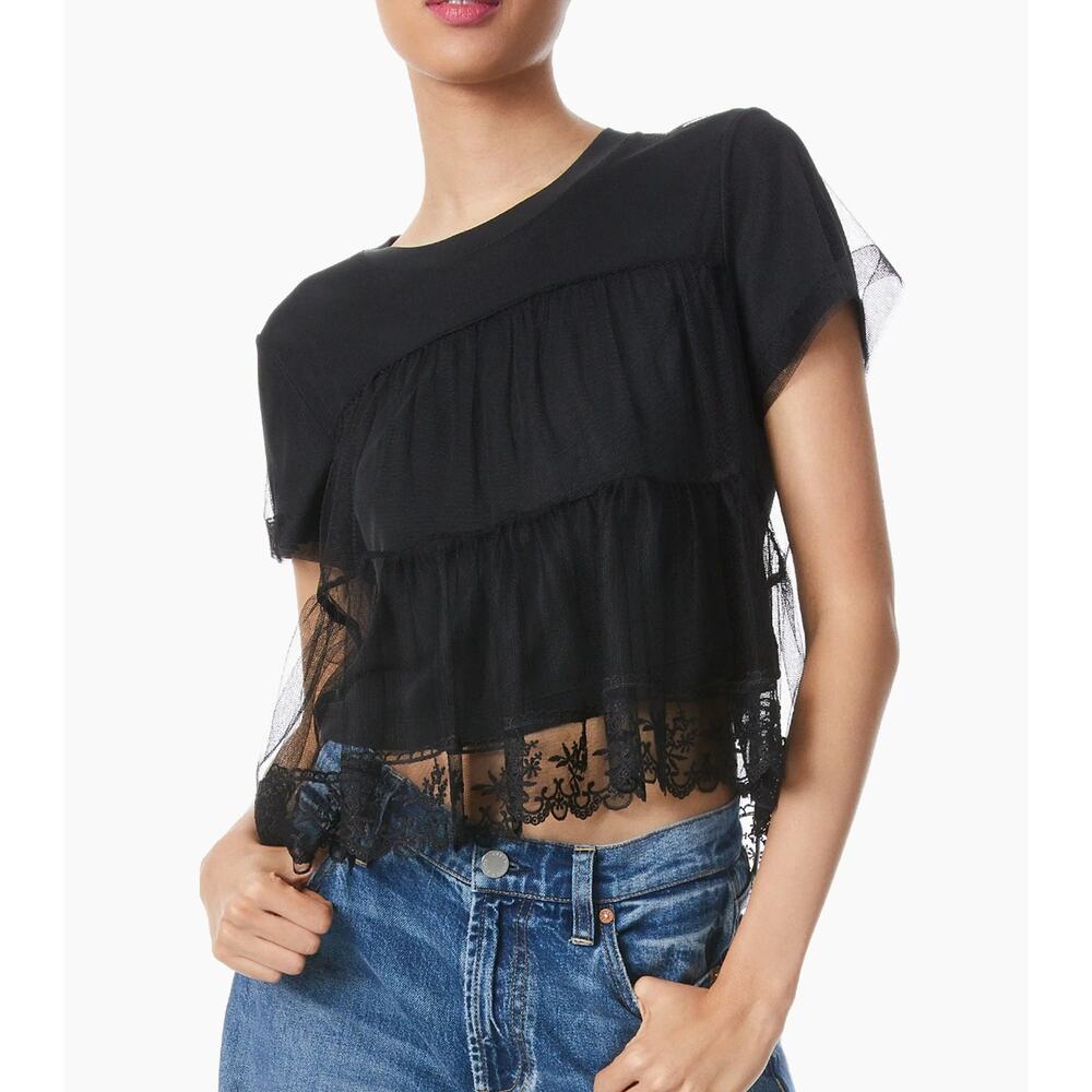 ALICE + OLIVIA
Dreema tiered lace combo Embroidered Tulle T-Shirt Womens  XL